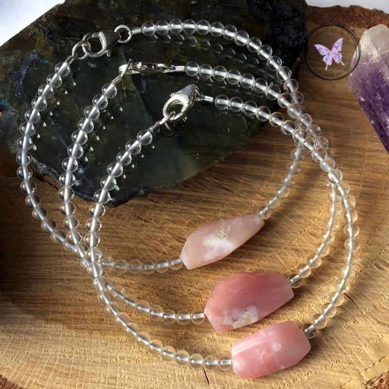 Pink Opal Nugget Healing Bracelet with Clear Quartz